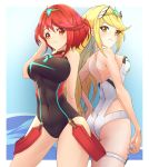  2girls absurdres back-to-back bangs black_swimsuit blonde_hair breasts chest_jewel choker covered_navel deekei highres mythra_(xenoblade) pyra_(xenoblade) large_breasts multiple_girls one-piece_swimsuit red_eyes redhead swept_bangs swimsuit thigh_strap tiara white_choker white_swimsuit xenoblade_(series) xenoblade_2 yellow_eyes 