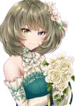  1girl bangs blue_eyes blush bouquet brown_hair chii_(sbshop) corset elbow_gloves eyebrows_visible_through_hair flower gloves green_corset green_eyes green_ribbon hair_flower hair_ornament halterneck heterochromia highres holding holding_bouquet idolmaster idolmaster_cinderella_girls looking_at_viewer medium_hair mole mole_under_eye pink_flower ribbion ribbon rose simple_background smile solo takagaki_kaede upper_body vine_print white_background white_flower white_gloves white_rose 