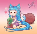  1girl :3 absurdly_long_hair animal_ears artist_name bangs bell bell_collar belt blue_hair blunt_bangs blush cat_ears cat_tail closed_eyes closed_mouth collar drink drinking drinking_straw ear_piercing english_commentary english_text flat_chest gradient gradient_background hair_tie happy heart jingle_bell juice kionant kneeling long_hair orange_background original piercing pink_background purple_legwear purple_shirt purple_shorts seiza shiny shiny_hair shiny_skin shirt short_sleeves shorts signature simple_background sitting smile socks solo sparkle tail tied_hair very_long_hair yarn yarn_ball 