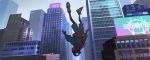  1boy billboard bodysuit_under_clothes building emblem falling grey_sky highres hood hoodie jacket logo mask miles_morales nakai_(nnn_jpg) shoes shorts skyscraper sneakers solo spider-man:_into_the_spider-verse spider-man_(miles_morales) spider-man_(series) superhero upside-down 