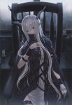  1girl arknights bangs black_cloak candle chair cloak commentary cowboy_shot fingerless_gloves gloves grey_eyes hair_between_eyes hand_up head_tilt highres horns long_hair looking_at_viewer pointy_ears shining_(arknights) silver_hair single_glove solo staff very_long_hair wristband xi-u 
