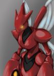  claws commentary gen_2_pokemon glowing glowing_eyes grey_background highres hirohiro_(user_ceac8235) horns insect_wings metal_skin no_humans no_pupils pokemon pokemon_(creature) scizor shiny shiny_skin solo wings yellow_eyes 