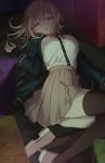  1girl bangs black_jacket black_legwear blurry blurry_foreground blush breasts dangan_ronpa depth_of_field eyebrows_visible_through_hair flipped_hair green_jacket hair_ornament hairclip half-closed_eyes highres io_(iooo666) jacket large_breasts long_hair long_sleeves looking_at_viewer lying nanami_chiaki on_back on_ground open_clothes open_mouth pink_eyes pink_footwear pink_hair pink_ribbon pleated_skirt ribbon shirt shoes skirt solo super_dangan_ronpa_2 thigh-highs white_shirt 