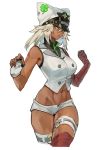  1girl bandaged_arm bandaged_leg bandages breasts clover dark_skin fingerless_gloves four-leaf_clover gloves guilty_gear guilty_gear_strive hat highres medium_breasts medium_hair micro_shorts midriff open_fly platinum_blonde_hair ramlethal_valentine shorts solo thigh_strap toned uncle_rabbit_ii vest white_background yellow_eyes 
