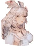  1girl animal_ears bangs blue_eyes breasts choker closed_mouth collarbone face final_fantasy final_fantasy_xiv flower hair_flower hair_ornament highres jewelry long_hair looking_at_viewer maekakekamen medium_breasts necklace profile rabbit_ears solo viera white_background white_hair 