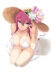  1girl azur_lane bad_perspective bikini breasts collarbone dated eyebrows_visible_through_hair flower flower_hat from_above green_eyes hat kneeling large_breasts long_hair looking_at_viewer redhead signature simple_background solo straw_hat surcouf_(azur_lane) surcouf_(loisirs_balneaires)_(azur_lane) swimsuit unel white_background white_bikini 