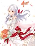  1girl animal bird bouquet bride cute dress fire_emblem fire_emblem:_akatsuki_no_megami fire_emblem:_radiant_dawn fire_emblem_10 fire_emblem_heroes flower from_side grey_hair haru_(nakajou-28) highres holding holding_bouquet human intelligent_systems long_hair looking_to_the_side micaiah_(fire_emblem) nintendo open_mouth petals simple_background solo super_smash_bros. wedding_dress white_background white_dress yellow_eyes 