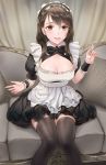  1girl alternate_costume bangs blush breasts brown_eyes brown_hair chowbie copyright_request couch curtains enmaided eyebrows_visible_through_hair hair_between_eyes indoors large_breasts long_hair long_sleeves looking_at_viewer maid mimikaki open_mouth sitting smile solo 