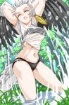  1girl arms_behind_head arms_up bare_arms bikini bikini_under_clothes bird_tail bird_wings black_bikini black_hair black_swimsuit blonde_hair blurry_foreground closed_eyes day dutch_angle feathered_wings feet_out_of_frame grass grey_hair head_wings highres kemono_friends long_hair midriff multicolored_hair navel open_mouth outdoors saijou_k see-through shirt shoebill_(kemono_friends) short_sleeves solo splashing spread_wings standing stomach swimsuit tail tied_shirt wading water wet wet_clothes wet_shirt white_shirt wings 