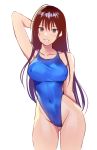  1girl arm_behind_head blue_swimsuit brown_eyes brown_hair collarbone contrapposto covered_navel cowboy_shot highleg highleg_swimsuit long_hair looking_at_viewer matsuda_(matsukichi) original parted_lips simple_background smile solo standing swimsuit white_background 