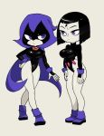 1girl black_hair black_leotard breasts cloak cuffs dc_comics frown large_breasts leotard pout purple_cloak raven_(dc) short_hair simple_background teen_titans teen_titans_go! violet_eyes yuta_agc