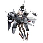  1girl absurdres aircraft anotoki_ashi black_gloves black_legwear blue_jacket breasts cannon chinese_commentary destroyer gloves hair_ornament hairclip helicopter highres holding holding_weapon jacket large_breasts long_hair long_sleeves machinery mecha_musume military military_uniform military_vehicle original pantyhose personification propeller radar red_eyes ship simple_background solo thighband_pantyhose turret uniform uss_wainwright_(dlg-28) warship watercraft weapon white_background white_hair 