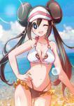  1girl absurdres bangs beach bikini blue_eyes blush breasts brown_hair clouds commentary_request cowboy_shot day double_bun eyelashes hair_between_eyes hand_on_hip highres lens_flare long_hair looking_at_viewer mei_(pokemon) navel ocean one_eye_closed open_mouth pokemon pokemon_(game) pokemon_bw2 sand shiny shiny_hair shiny_skin sidelocks sky smile solo standing swimsuit teeth tongue twintails two-tone_headwear upper_teeth very_long_hair visor_cap water yakiniku_oc 