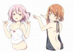 2girls back backless_outfit bangs bare_arms bare_shoulders blush breasts brown_eyes brown_hair camisole commentary_request cropped_torso eyebrows_behind_hair grey_sweater hair_bun hands_up hatsunatsu looking_at_viewer looking_back medium_breasts meme_attire multiple_girls navel one_side_up original parted_lips pink_hair red_eyes small_breasts smile strap_slip sweater virgin_killer_sweater white_camisole 