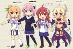  4girls ahoge brown_hair chiyoda_momo clothes_around_waist crocs curled_horns demon_girl demon_horns demon_tail expressive_tail eyebrows_visible_through_hair garter_straps hair_bun hair_ornament hair_ribbon hinatsuki_mikan hood hoodie horns jacket_around_waist lilith_(machikado_mazoku) long_hair machikado_mazoku midriff motokazu_(dontokodon) multiple_girls navel open_mouth orange_hair pantyhose pink_hair revealing_clothes ribbon school_uniform shiny shiny_hair short_hair side_bun tail thigh-highs translation_request yoshida_yuuko_(machikado_mazoku) 