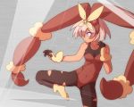  1girl :o alternate_costume animal_ears bangs bare_shoulders bow breasts bunny_girl bunnysuit commentary_request cosplay covered_navel eyelashes gen_4_pokemon gloves grey_background grey_eyes grey_hair gym_leader hair_between_eyes highres kurachi_mizuki leg_lift leotard lopunny mega_lopunny mega_lopunny_(cosplay) mega_pokemon open_mouth pokemon pokemon_(game) pokemon_swsh rabbit_ears saitou_(pokemon) short_hair sleeveless solo sweat yellow_bow 