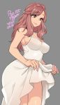  1girl 2020 agawa_ryou artist_name bare_shoulders breasts brown_eyes commentary dated dress grey_background long_hair looking_down medium_breasts original redhead signature simple_background smile solo thighs white_dress wide_hips 