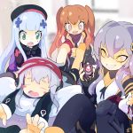  4girls bangs black_headwear blunt_bangs blurry blurry_background blush character_request closed_eyes facial_scar girls_frontline green_eyes hair_between_eyes hair_ornament hat hk416_(girls_frontline) holding knees_up long_sleeves multiple_girls open_mouth pillow pink_eyes red_headwear rtari scar sitting smile twintails ump45_(girls_frontline) ump9_(girls_frontline) yellow_eyes 
