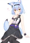  1girl animal_ear_fluff animal_ears arm_support black_choker black_hairband black_legwear blue_hair blush choker dress finger_to_mouth floral_print fox_ears fox_girl fox_tail hair_between_eyes hairband heart highres kinakoame_0202 looking_at_viewer ribbon sash short_hair sitting sleeveless sleeveless_dress smile solo tail vrchat wrist_cuffs yellow_eyes yuuko-zoku_no_onee-chan 