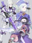  1boy 2others :t armor binoculars character_request chewing covered_mouth drawr eating food full_armor gloves hair_ornament hair_slicked_back hat holding holding_food long_hair looking_at_viewer meat monster_hunter multiple_others nishihara_isao purple_gloves purple_hair short_hair silver_hair violet_eyes weapon white_hair 