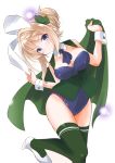  1girl absurdres adapted_costume animal_ears blonde_hair blue_leotard blush braid breasts buttons cape eyebrows_visible_through_hair fake_animal_ears green_cape green_legwear green_vest high_heels highres kantai_collection large_breasts leotard perth_(kantai_collection) rabbit_ears short_hair simple_background solo taisinkoku thigh-highs vest violet_eyes white_background white_footwear 