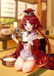  1girl absurdres bangs benienma_(fate/grand_order) bird_hat blurry blurry_background fate/grand_order fate_(series) highres japanese_clothes kida_kuro_mu kimono kneeling long_hair long_sleeves looking_at_viewer low_ponytail open_mouth parted_bangs red_eyes redhead rice rice_spoon solo table wide_sleeves 