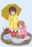  2girls bare_legs boots brown_hair coat dirty dirty_clothes eyebrows_visible_through_hair girls_und_panzer ground_vehicle military military_vehicle motor_vehicle mud multiple_girls mutsu_(layergreen) nishizumi_maho nishizumi_miho open_mouth pink_coat playing puddle rain raincoat red_footwear rubber_boots short_hair siblings simple_background sisters smile squatting tank toy umbrella wet wet_clothes yellow_coat yellow_umbrella younger 