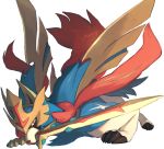  blue_fur brown_eyes chorefuji claws gen_8_pokemon legendary_pokemon looking_to_the_side mouth_hold no_humans pokemon pokemon_(creature) simple_background solo sword weapon white_background wolf zacian zacian_(crowned) 