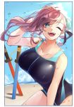  1girl anmochi_mochi asymmetrical_hair bangs bare_shoulders beach black_swimsuit blue_eyes blue_sky blue_swimsuit breasts bun_cover collarbone fate/grand_order fate_(series) hair_bun highleg highleg_swimsuit large_breasts long_hair miyamoto_musashi_(fate/grand_order) miyamoto_musashi_(swimsuit_berserker)_(fate) one-piece_swimsuit open_mouth pink_hair side_bun sky smile sunlight swept_bangs swimsuit toy_sword two-tone_swimsuit 