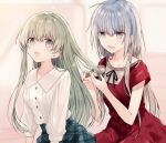  2girls :d bangs beige_background black_ribbon blush breasts brown_eyes cecilia_(shiro_seijo_to_kuro_bokushi) collarbone collared_shirt commentary_request dress_shirt eyebrows_visible_through_hair green_eyes green_skirt grey_eyes hair_between_eyes hair_brushing hair_ribbon haiselita_aldridge holding holding_brush kazutake_hazano long_hair long_sleeves looking_at_viewer medium_breasts multiple_girls open_mouth plaid plaid_skirt pleated_skirt red_shirt red_skirt ribbon shiro_seijo_to_kuro_bokushi shirt short_sleeves silver_hair sitting skirt smile very_long_hair white_shirt 