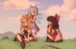  3girls ^_^ ankle_boots bandaged_arm bandages black_dress blonde_hair blue_bow blue_hair boots bow bracelet braid brown_hair chin_rest cirno closed_eyes clouds collared_shirt cross-laced_footwear detached_sleeves dress frilled_skirt frills gohei grass grin hakurei_reimu happy hill ice ice_wings indian_style jewelry kirisame_marisa lace-up_boots linmiee long_hair looking_at_another lovestruck messy_hair motherly multiple_girls outdoors playing_with_another&#039;s_hair red_shirt red_skirt shirt short_hair short_sleeves side_braid single_braid sitting sitting_on_ground skirt skirt_set sky smile touhou wavy_hair wide_sleeves wings 
