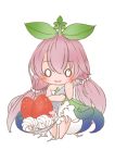  bangs blush eyebrows eyebrows_visible_through_hair food fruit granblue_fantasy hair_between_eyes highres leaf long_hair monster_girl pink_hair plant_girl plant_on_head spoon strawberry tokawa_tsmugi yggdrasil_(granblue_fantasy) 