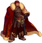  1boy armor bara beard belt breastplate cape chest cleavage_cutout dark_skin dark_skinned_male facial_hair fate/extella fate/extra fate/grand_order fate_(series) full_body fur-trimmed_cape fur_trim greek_clothes hand_on_hip highres iskandar_(fate) leather looking_at_viewer male_focus manly muscle official_art pectorals red_cape red_eyes redhead sandals smile wada_aruko white_background 