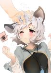  animal_ears bangs blush capelet frown grey_hair hand_up jewelry layered_clothing long_sleeves messy_hair mouse_ears nazrin one_eye_closed pendant petting polpol red_eyes short_hair simple_background spoken_squiggle squiggle sweatdrop touhou 