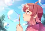  1girl ahoge bangs blue_sky blurry blurry_background blush bubble_blowing day depth_of_field from_side holding idolmaster idolmaster_shiny_colors jewelry kamille_(vcx68) komiya_kaho long_hair necklace outdoors parted_lips profile red_eyes redhead sky smile soap_bubbles solo sunlight upper_body 