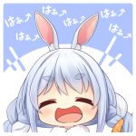  1girl :d ^_^ animal_ear_fluff animal_ears arrow_(symbol) bangs blue_background blue_hair blush braid carrot_hair_ornament catchphrase chibi closed_eyes commentary_request eyebrows_visible_through_hair facing_viewer food_themed_hair_ornament hair_ornament hololive laughing multicolored_hair open_mouth rabbit_ears shachoo. short_eyebrows smile solo thick_eyebrows twin_braids two-tone_background two-tone_hair usada_pekora virtual_youtuber white_background white_hair 