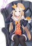  1girl abigail_williams_(fate/grand_order) absurdres bangs black_bow black_dress black_legwear blonde_hair blue_eyes bow breasts dress fate/grand_order fate_(series) food forehead hair_bow highres long_hair multiple_bows off-shoulder_dress off_shoulder orange_bow pancake parted_bangs plate polka_dot polka_dot_bow saku_(kudrove) sitting sleeves_past_fingers sleeves_past_wrists small_breasts stuffed_animal stuffed_toy teddy_bear thigh-highs thighs 