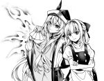  2girls apron closed_mouth crossed_arms fan greyscale hat kirisame_marisa long_hair looking_at_viewer matara_okina monochrome multiple_girls no_headwear puffy_short_sleeves puffy_sleeves sameya short_sleeves simple_background skirt smile tabard touhou upper_body vest waist_apron white_background 