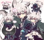  &gt;_&lt; 2boys :d animal_ear_fluff animal_ears arknights bangs black_cape black_gloves black_jacket blush cape chibi collared_shirt commentary_request crossed_bangs doctor_(arknights) eyebrows_visible_through_hair flying_sweatdrops fur-trimmed_cape fur_trim gloves hair_between_eyes holding holding_tail hood hooded_jacket hug hug_from_behind jacket leopard_ears leopard_tail long_sleeves looking_at_viewer male_focus multiple_boys necktie open_mouth peroppafu shirt sidelocks silverash_(arknights) smile spoken_expression standing tail translation_request white_background white_hair white_shirt 