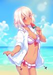  1girl :p beach bikini breasts dark_skin day food looking_at_viewer medium_breasts medium_hair navel neko-rina orange_eyes original popsicle solo sunlight swimsuit tongue tongue_out white_hair 