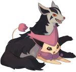  brown_eyes cat chorefuji delcatty gen_3_pokemon lying lying_on_another mightyena no_humans on_stomach open_mouth pokemon pokemon_(creature) red_eyes sharp_teeth simple_background smile teeth tongue white_background yellow_sclera 