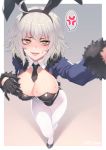 1girl ahoge anger_vein animal_ears bangs black_gloves black_neckwear blush breasts commentary eyebrows_visible_through_hair fate/grand_order fate_(series) from_above gloves grey_background jeanne_d&#039;arc_(alter)_(fate) jeanne_d&#039;arc_(fate)_(all) jjune large_breasts long_hair long_sleeves looking_at_viewer lower_teeth necktie open_mouth pantyhose rabbit_ears short_hair silver_hair simple_background solo spoken_anger_vein white_legwear yellow_eyes