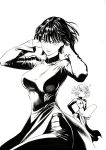  2girls absurdres bangs blunt_bangs blunt_ends breasts curly_hair dress earrings fubuki_(one-punch_man) hair_between_eyes highres holding jewelry large_breasts looking_at_viewer monochrome multiple_girls murata_yuusuke one-punch_man short_hair simple_background small_breasts tatsumaki white_background 