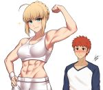  1boy 1girl abs ahoge airisubaka artoria_pendragon_(all) blonde_hair blush collarbone emiya_shirou eyebrows_visible_through_hair fate/stay_night fate_(series) flexing green_eyes hand_on_hip highres muscle muscular_female pose raglan_sleeves red_eyes redhead saber signature sports_bra star_(symbol) white_background 