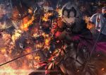  1girl ahoge armor armored_dress bangs banner black_armor black_cape black_dress black_legwear breasts building burning cape chain city commentary_request destruction dragon dress fate/grand_order fate_(series) fire fur-trimmed_cape fur_collar fur_trim gauntlets gloves hair_between_eyes headpiece holding holding_sword holding_weapon jeanne_d&#039;arc_(alter)_(fate) jeanne_d&#039;arc_(fate)_(all) junpaku_karen large_breasts long_sleeves outdoors parted_lips short_hair silver_hair smile smoke solo standing sword thigh-highs weapon yellow_eyes 