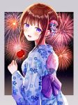  1girl :d aerial_fireworks back_bow blue_kimono blush bow brown_hair candy_apple commentary_request fireworks floral_print food funii hair_bun hair_ornament highres holding holding_food japanese_clothes kimono long_sleeves looking_at_viewer looking_to_the_side open_mouth original print_kimono purple_bow sidelocks sleeves_past_wrists smile upper_body violet_eyes wide_sleeves yukata 