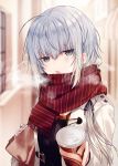  1girl :o ahoge bag bangs black_sweater blurry blurry_background blush breath can depth_of_field eyebrows_visible_through_hair eyes_visible_through_hair grey_eyes hair_between_eyes haiselita_aldridge holding holding_bag holding_can jacket kazutake_hazano long_hair long_sleeves looking_at_viewer outdoors paper_bag plaid plaid_scarf red_scarf scarf shiro_seijo_to_kuro_bokushi silver_hair sleeves_past_wrists solo steam striped striped_sweater sweater upper_body white_jacket 