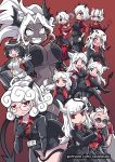  6+girls all_fours animal_ears arm_under_breasts azazel_(helltaker) bangs bare_arms beelzebub_(helltaker) big_hair black_hair black_horns black_miniskirt black_suit black_tail blue_eyes blunt_bangs blush boots bow bowtie breasts cerberus_(helltaker) choker cigarette closed_mouth colonel_aki crossed_arms dark_skin demon_girl demon_horns demon_tail dog_ears dog_girl eyebrows_visible_through_hair fang fang_out fingerless_gloves formal glasses gloves hair_over_one_eye halo heart heart-shaped_pupils helltaker holding holding_cigarette horns jacket jacket_on_shoulders judgement_(helltaker) justice_(helltaker) kneeling long_hair long_sleeves looking_at_viewer lucifer_(helltaker) malina_(helltaker) modeus_(helltaker) mouth_piercing multicolored_hair multiple_girls nose_blush open_clothes open_jacket open_mouth pandemonica_(helltaker) pant_suit pants pencil_skirt piercing red_eyes red_shirt redhead ringed_eyes shirt short_hair short_sleeves sidelocks skirt smoke smoking stomach suit suit_jacket sunglasses sweater symbol-shaped_pupils tail triplets two-tone_hair vest watermark wavy_mouth web_address white_eyes white_hair white_horns wide-eyed zdrada_(helltaker) 