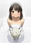  1girl bangs bare_shoulders blush bouquet bridal_veil brown_eyes brown_hair closed_mouth collarbone commentary dress elbow_gloves eyebrows_visible_through_hair flower from_above full_body ganbare_douki-chan gloves highres looking_at_viewer office_lady_(yomu_(sgt_epper)) original solo veil wedding wedding_dress white_dress white_footwear yomu_(sgt_epper) 