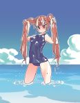  1girl arms_up beach blue_sky blush brown_hair closed_mouth clouds covered_navel covered_nipples dripping fang fingernails gomaeng highres outdoors partially_submerged pink_eyes shiny shiny_skin sky solo standing swimsuit twintails ueno-san_wa_bukiyou ueno_(ueno-san_wa_bukiyou) water wet 